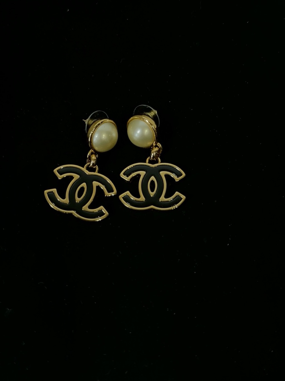 CHANEL Gold-Tone Black Enamel CC Drop Earrings with Pearl Studs